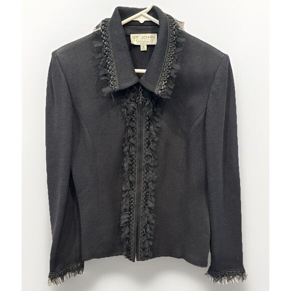 St. John Collection Exquisite Rich Black Santana Tulle Corded Zip Jacket Sz 10